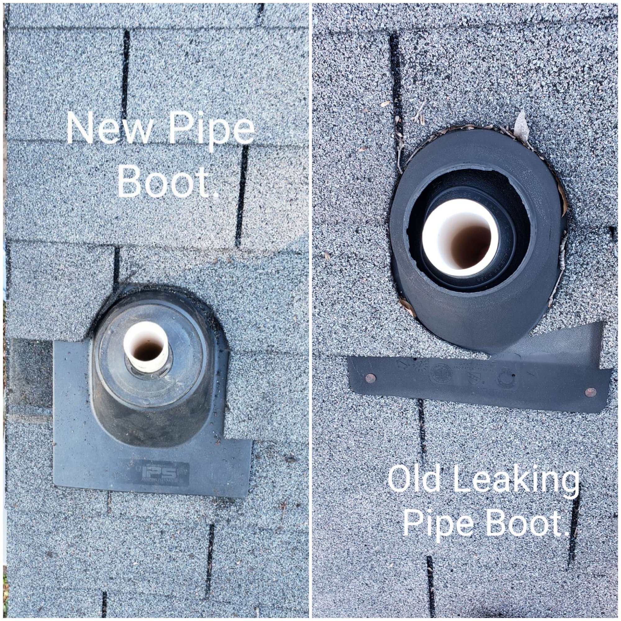 Before-and-after pipe boot repair by D&S Roofing and Restoration