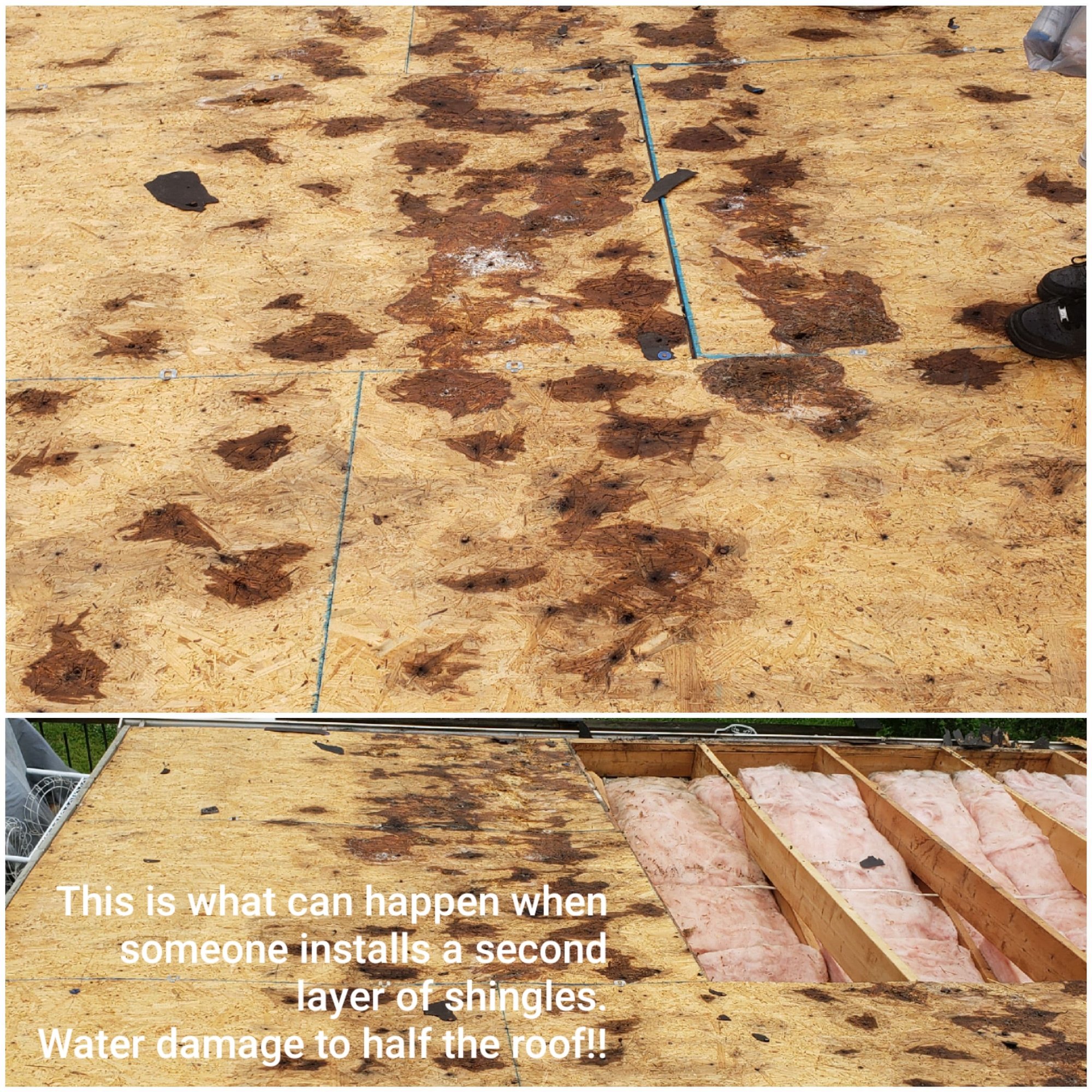 Roof leak and water-damaged decking uncovered by a D&S roofing inspection